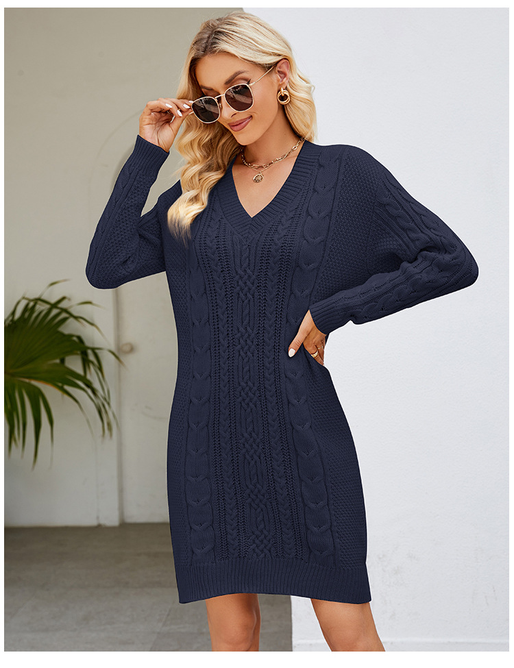 Womens Cable Knit Sweater Dress V-Neck Long Sleeve Winter Dress